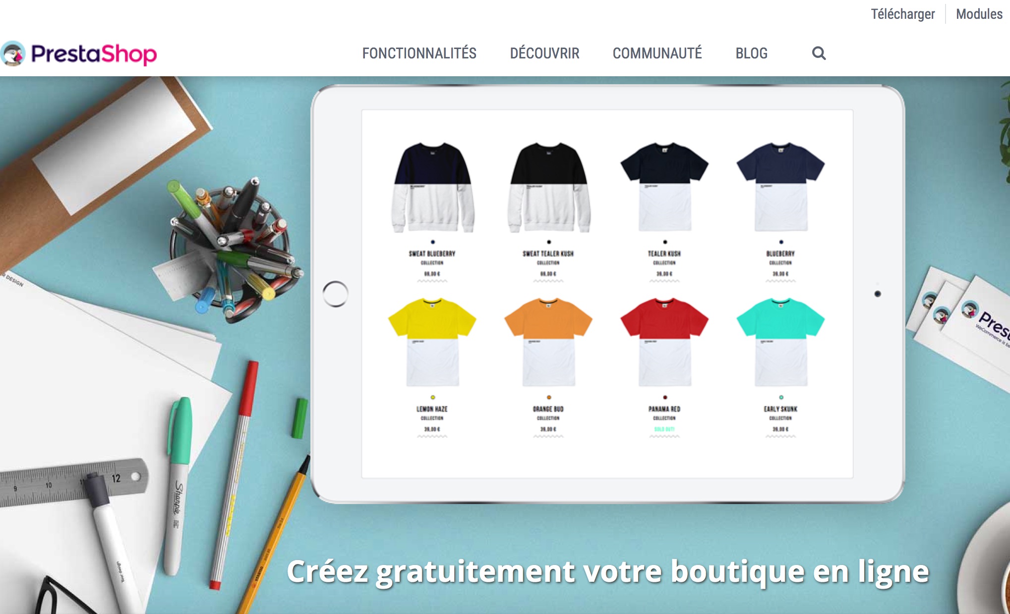 Page d’accueil du site de création d'e-boutique Prestashop (Capture d'écran Prestashop.com)