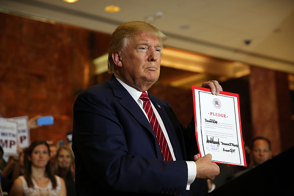 New York City, le 3 septembre 2015. A la suite d'une réunion avec le Parti Républicain, Donald Trump s'adresse à la Presse.  (Photo by Spencer Platt/Getty Images)