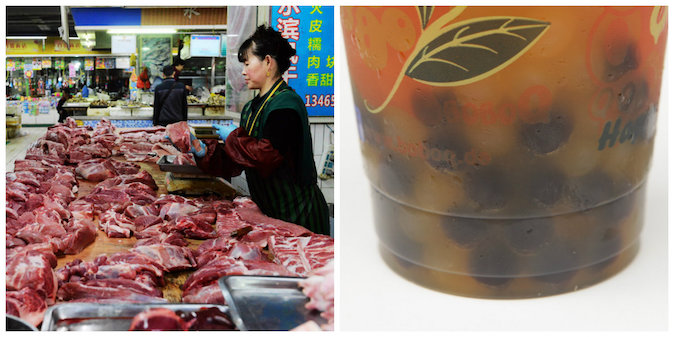 (De gauche à droite) Une vendeuse de viande à Qingdao, province du Shandong, est de la Chine, et le thé en perles. (STR / AFP / Getty Images et Sean Gallup / Getty Images)