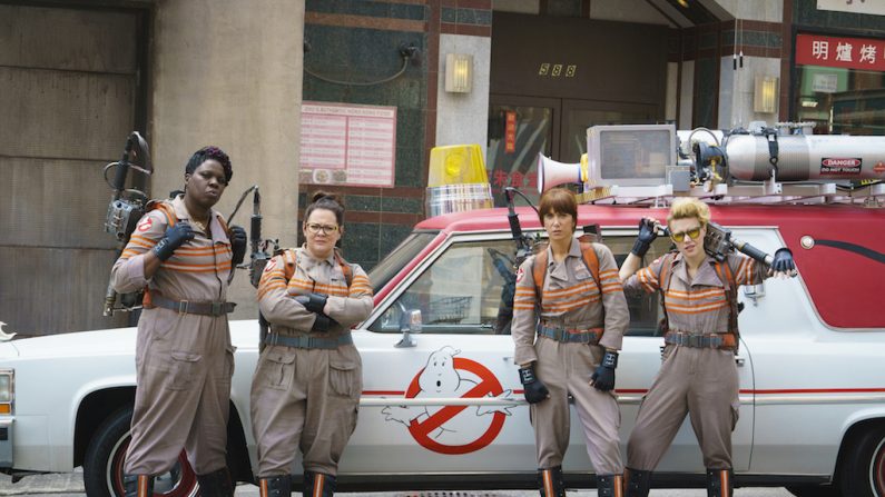 Ghostbuster's Patty Tolan (Leslie Jones), Abby Yates (Melissa McCarthy), Erin Gilbert (Kristen Wiig) and Jillian Holtzmann (Kate McKinnon) in Columbia Pictures' GHOSTBUSTERS.