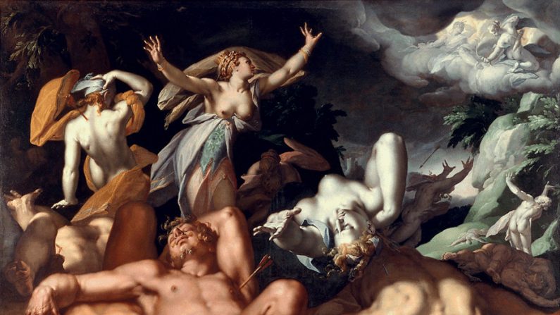 Apollon et Artemis décochent leurs flèches porteuses du fléau aux enfants de Niobe, peinture d'Abraham Bloemaert, 1591. (Dedden/Wikimedia)