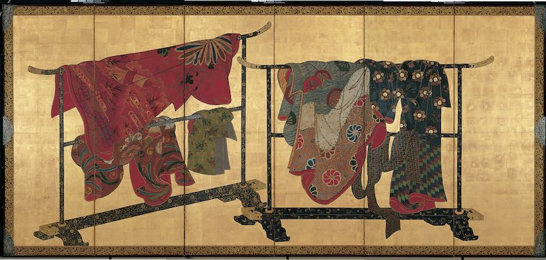 Paravent à six panneaux représentant des kimonos suspendus (tagasode) (paravent droit) couleurs sur papier, première moitié du XIXe siècle, H. 153,7 ; L. 349,2 cm, Collection Matsuzakaya.
Crédits : J. Front Retailing Archives Foundation Inc./Nagoya City Museum