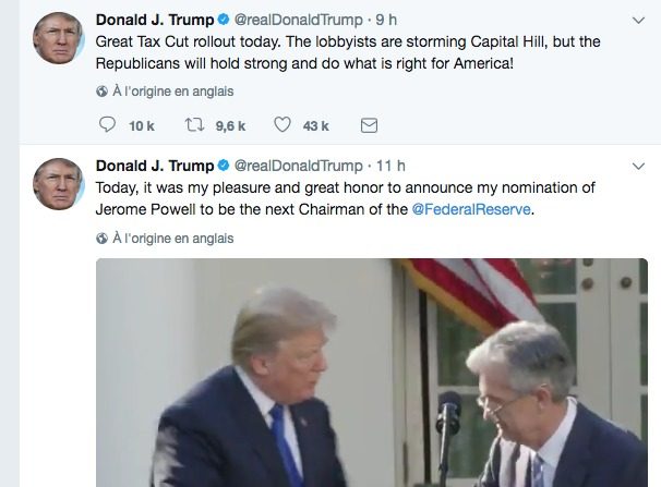 Capture d'écran du compte Tweeter du président des États-Unis d'Amérique, Donald Trump, qui a été piraté un court instant par un "plaisantin". Le président n'a pour le moment fait aucun commentaire sur cet incident.
capture d'écran tweeter (R.B)