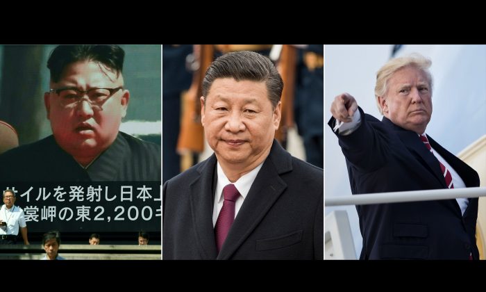 Le dictateur nord-coréen Kim Jong-un sur un grand écran vidéo à Tokyo, le dirigeant chinois Xi Jinping et le président américain Donald Trump. (Fred Dufour, Brendan Smialowski, Toru Yamanaka / AFP / Getty Images)