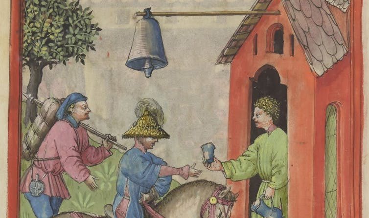 Une cloche, enseigne parlante et sonore d’un débit de boisson en milieu rural : entendue de loin, elle attire la clientèle. (Ibn Butlan, Tacuinum sanitatis, Allemagne du Sud, milieu du XVe s. Paris, BnF, ms Latin 9333, folio 85 verso)