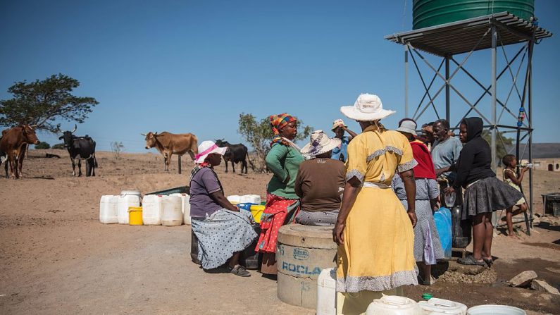     Les habitants de Nongoma, au nord-ouest de Durban durement touchés par la sécheresse, s'apprêtent à collecter l'eau d'un point gratuit parrainé par les citoyens.  Photo MUJAHID SAFODIEN/AFP/Getty Images.