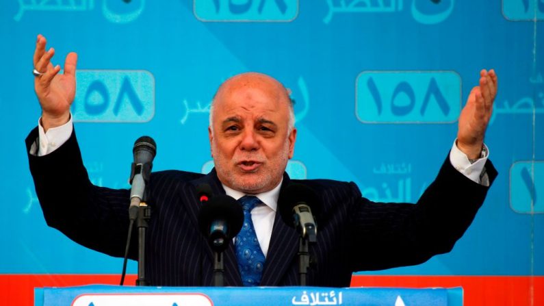 Le Premier ministre irakien Haider al-Abadi s'exprime lors d'un rassemblement de campagne dans la ville sainte de Najaf le 3 mai 2018. Photo HAIDAR HAMDANI / AFP / Getty Images.