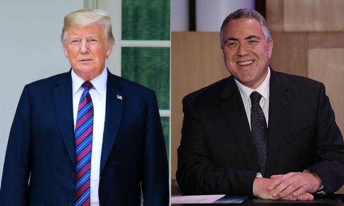 Le président Donald Trump à Washington le 27 août 2018. (Samira Bouaou/The Epoch Times) R : Joe Hockey à Canberra le 13 mai 2015. (Stefan Postles/Getty Images)

