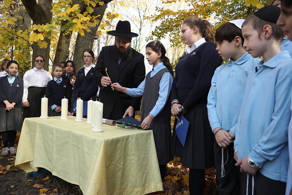 -Le rabbin Yehuda Teichtal amène les enfants juifs de l'école traditionnelle juive à commémorer le 80e anniversaire des pogroms de Cristal le 7 novembre 2018 à Berlin, en Allemagne, des partisans nazis ont attaqué plus de 1 400 synagogues, ainsi que des entreprises et des personnes juives dans toute l’Allemagne. Photo de Sean Gallup / Getty Images.