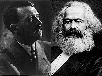 Adolf Hitler et Karl Marx sont généralement considérés comme représentant les deux extrémités du spectre politique, mais sont en fait plus proches l'un de l'autre. (Adolf Hitler - Bibliothèque du Congrès ; Karl Marx - Domaine public)
