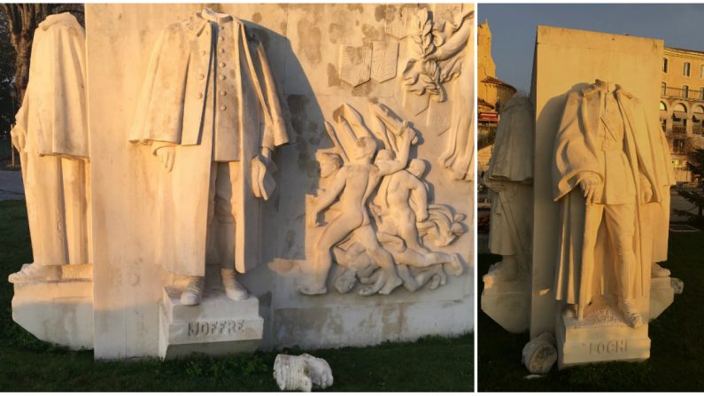 À peine un mois après les commémorations du centième anniversaire de l’armistice du 11 novembre 1918, les statues de trois illustres maréchaux de la Grande Guerre ont été victimes d’un acte de vandalisme à Saint-Gaudens. Crédit : capture d’écran Facebook – David Saforcada.