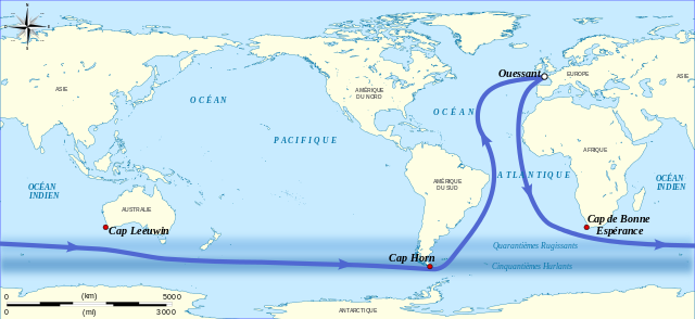 -Route empruntée par le parcours du Trophée Jules Verne. Image Wikipédia source du Vendée globes.