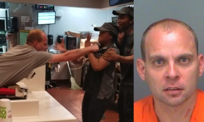 (G) Un client agressif de McDonald's a eu une altercation violente avec une employée à Saint-Pétersbourg, en Floride, le 31 décembre 2018. (D) Photo prise par la police de Daniel Taylor, qui fait face à deux chefs de voies de fait en lien avec l'incident. (Brenda Biandudi via Storyful ; Pinellas County Sheriff's Office)