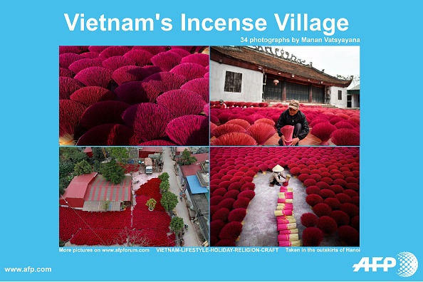 -Dans le « village de l’encens » du Vietnam, des centaines de travailleurs travaillent d'arrache-pied, sèchent et taillent l'écorce de bambou pour confectionner les bâtons parfumés avant les fêtes du nouvel an lunaire. Photo MANAN VATSYAYANA / AFP / Getty Images.