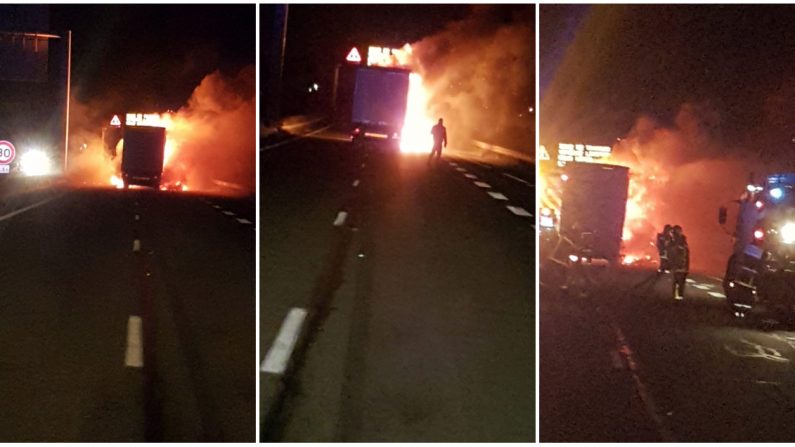 Le véhicule s’est embrasé mardi vers 4 h du matin, provoquant la fermeture de la rocade portuaire pendant une dizaine d’heures. Crédit : UNSA POLICE CRS Hauts de France.