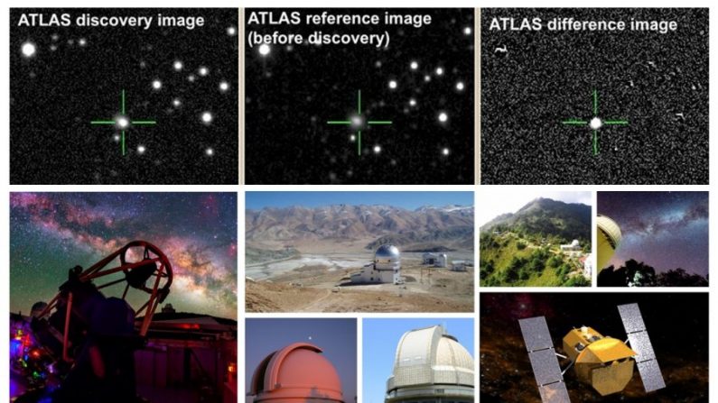 L'objet lumineux surnommé la Vache a été découvert pour la première fois dans le levé ATLAS (panneau supérieur). Les astronomes du monde entier ont pointé leurs télescopes pour suivre la Vache. Le panneau du bas montre les télescopes du réseau GROWTH qui ont été utilisés pour étudier la mystérieuse explosion cosmique. De gauche à droite et de haut en bas : Liverpool Telescope ; l'observatoire Himalayan Chandra telescope, en Inde ; l'observatoire Lulin Observatory à Taiwan ; l'observatoire Mount Laguna Observatory ; Palomar Observatory ; Mitsume Observatory au Japon ; et le Neil Gehrels Swift Observatory, dans l'espace. (NASA, Caltech/Palomar, équipe ATLAS, Daniel Lopez/IAC)