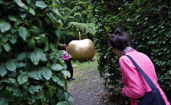 -Un visiteur découvre la sculpture de Claude Lalanne intitulée « Pomme de New York » dans les jardins de la Chatsworth House, dans le Derbyshire, le 14 septembre 2008. Une exposition de vente d'art moderne et contemporain 20 œuvres d'art uniques disséminées sur le terrain de la demeure seigneuriale. Photo Adrian Dennis / AFP / Getty Images.