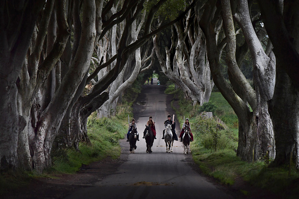 -Quatre acteurs à cheval vêtus de costumes liés à Game of Thrones portent le bâton de la reine alors qu'ils se dirigent le long des Dark Hedges le 29 août 2017 à Antrim, Irlande du Nord. The Dark Hedges, a été présenté comme la route du roi dans la deuxième saison de Game of Thrones et est devenu un haut lieu du tourisme pour les fans de la série télévisée et d’autres lieux de tournage de la province. Photo de Charles McQuillan / Getty Images.