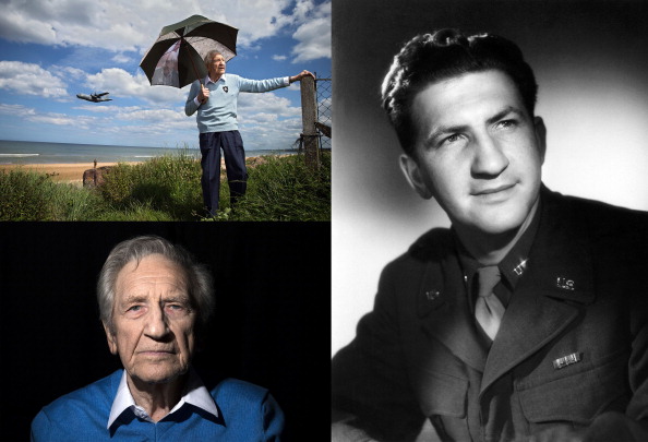 À droite, Bernard Dargols en uniforme de l’armée américaine. En haut à gauche, Bernard Dargols sur la plage d’Omaha beach le 5 juin 2014, à Colleville-sur-Mer. En bas à gauche, Bernard Dargos dans sa maison de La Garenne-Colombes. Crédit : AFP PHOTO / JOEL SAGET / DARGOLS FAMILY.