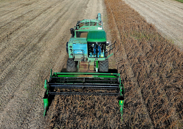 -L’agriculteur Mark Catterton John Deere alors qu’il récolte du soja lors de sa récolte automnale du 19 octobre 2018 à Owings, dans le Maryland. Photo de Mark Wilson / Getty Images.