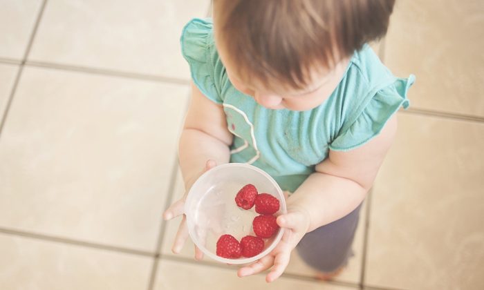 Une tout-petite, tenant un bol de framboises. (Pixabay)
