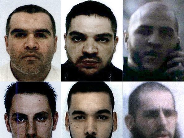 Montage photos en date du 29 mai 2019 montrant Salim Machou, Mustapha Merzoughi, Brahim Nejara, Kevin Gonot, Yassine Sakkam et Leonard Lopez condamnés à mort par le tribunal de Bagdad pour appartenance au groupe jihadiste État islamique. (AFP/Getty Images)