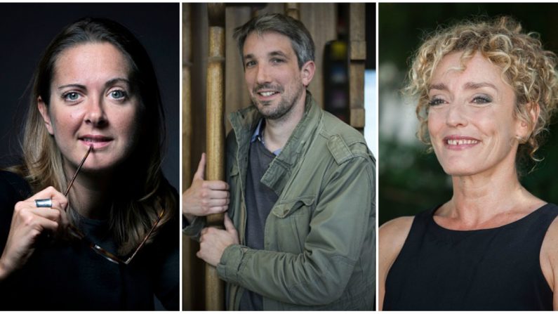 Charline Vanhoenacker (gauche), Guillaume Meurice (centre) et Juliette Arnaud (droite), chroniqueurs de l'émission Par Jupiter ! diffusée du lundi au vendredi sur France Inter. Crédit : JOEL SAGET/AFP/Getty Images – LIONEL BONAVENTURE/AFP/Getty Images – YOHAN BONNET/AFP/Getty Images.