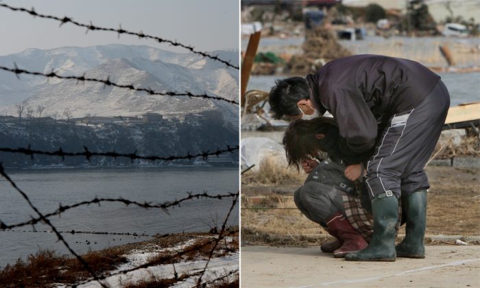 (G.) Une clôture de barbelés dans le nord-est de la Chine (Mark Ralston/AFP/Getty Images) – (Dr.) Un homme réconfortant une femme. (Jiji Press/AFP/Getty Images)