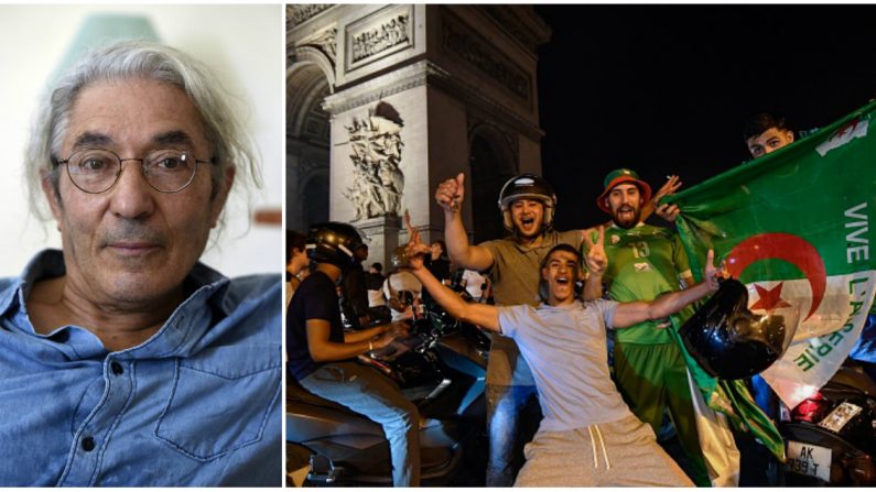 À gauche : Boualem Sansal photographié chez lui à Boumerdes, à 50 kilomètres d’Alger, le 17 août 2015. Crédit : FAROUK BATICHE/AFP/Getty Images. À droite : Des supporteurs des Fennecs fêtent la victoire de l’équipe algérienne devant l’Arc de Triomphe le 19 juillet. Crédit : BERTRAND GUAY/AFP/Getty Images.