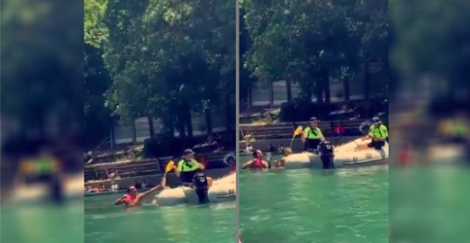 Steve Perez, amateur de bateau de San Antonio, attrape les dernières gouttes d'alcool qui lui a été confisqué sur la rivière Comal, au Texas, le 23 juin 2019. (Gracieuseté de Steve Perez/Twitter)