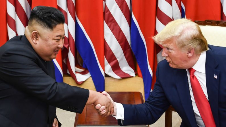 North Korea's leader Kim Jong Un (L) and US President Donald Trump shake hands during a meeting on the south side of the Military Demarcation Line that divides North and South Korea, in the Joint Security Area (JSA) of Panmunjom in the Demilitarized zone (DMZ) on June 30, 2019. (Photo by Brendan Smialowski / AFP)        (Photo credit should read BRENDAN SMIALOWSKI/AFP/Getty Images)