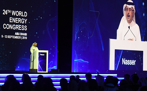 Le 10 septembre 2019, Amin Nasser, PDG de la compagnie pétrolière saoudienne Aramco, s'exprime lors du 24e Congrès mondial de l'énergie à Abu Dhabi, capitale des Émirats Arabes Unis.  Le géant saoudien de l'énergie, Aramco, est prêt pour une introduction en bourse en deux étapes . (Photo :  KARIM SAHIB/AFP/Getty Images)