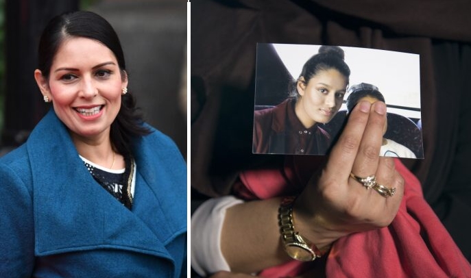 A gauche - Priti Patel, secrétaire d'État au ministère de l'Intérieur, quitte son hôtel pour la Conférence du Parti conservateur à Manchester, en Angleterre, le 29 septembre 2019. (Jeff J Mitchell/Getty Images) / A droite - Photo de Shamima Begum en 2015, tenue par sa sœur Renu à New Scotland Yard à Londres le 22 février 2015. (Laura Lean/PA Wire/Getty Images)