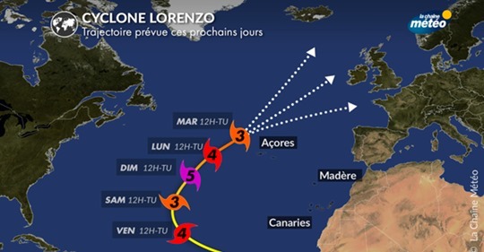 Parcours de l'ouragan Lorenzo. (Photo : crédit Facebook/chaîne météo)