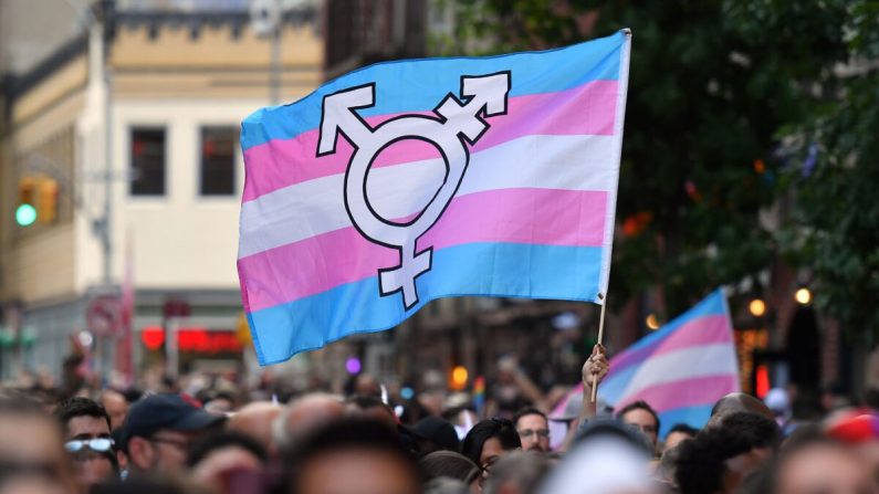 Une personne tient un drapeau de fierté transgenre. (Angela Weiss/AFP/Getty Images)