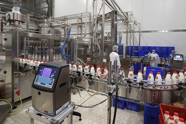 -Des travailleurs inspectent des bouteilles de lait sur la chaîne de production d'une usine laitière de la ferme Baladna dans la ville d'al-Khor, à 60 kilomètres au nord de la capitale du Qatar, le 26 octobre 2019. Photo par KARIM JAAFAR / AFP via Getty Images.