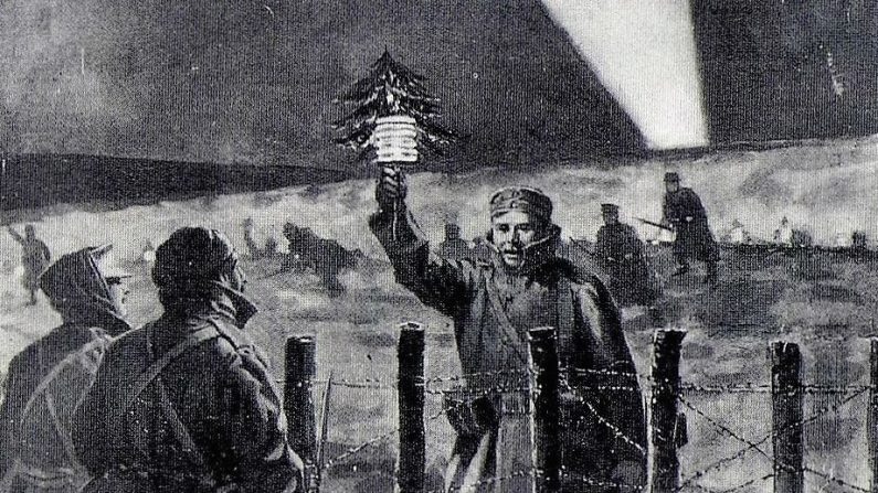 Une représentation de la trêve de Noël 1914 par Frederic Villiers, publiée en première page de l'Illustrated London News le 9 janvier 1915. Le titre original était : « La lumière de la paix dans les tranchées la veille de Noël : un soldat allemand ouvre la trêve spontanée en approchant les lignes britanniques avec un petit sapin de Noël » (Domaine public)