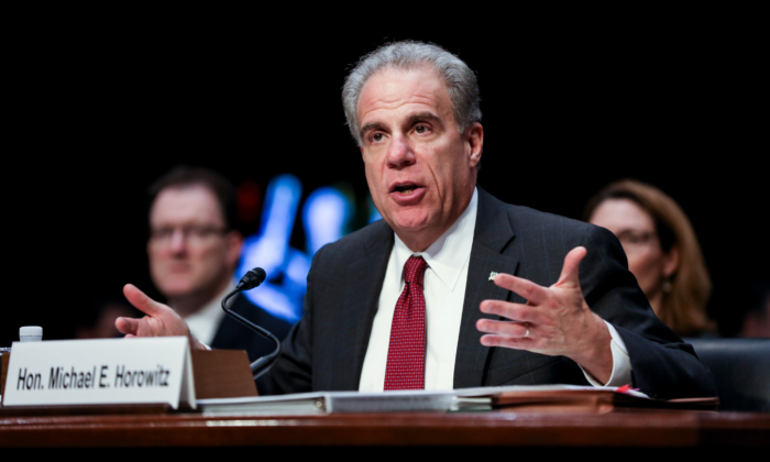 L'inspecteur général du ministère de la Justice, Michael Horowitz, témoigne devant la Commission judiciaire du Sénat à Washington le 11 décembre 2019. (Charlotte Cuthbertson/The Epoch Times)