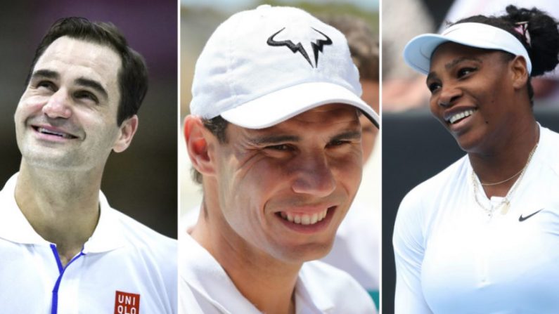 (L) Le Suisse Roger Federer réagit avec des larmes en regardant une vidéo surprise. (Marcelo Endelli/Getty Images) (C) L'Espagnol Rafael Nadal s'adresse aux médias lors d'une visite à Rottnest Island avant la phase de groupes de la Coupe ATP 2020 au RAC Arena le 1er janvier 2020 à Perth, en Australie. (Paul Kane/Getty Images) (R) Serena Williams des États-Unis réagit après un point contre Camila Giorgi de l'Italie lors de leur match du premier tour du simple féminin lors du tournoi de tennis Auckland Classic à Auckland le 7 janvier 2020. (Michael Bradley/AFP via Getty Images) 