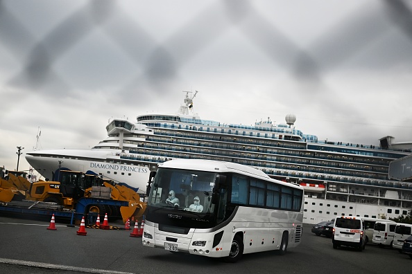 -Un bus avec un chauffeur portant un équipement de protection part du quai à côté du navire de croisière Diamond Princess, qui compte environ 3600 personnes en quarantaine à bord en raison des craintes du nouveau coronavirus COVID-19, à Port de Yokohama le 14 février 2020. Photo de CHARLY TRIBALLEAU / AFP via Getty Images.