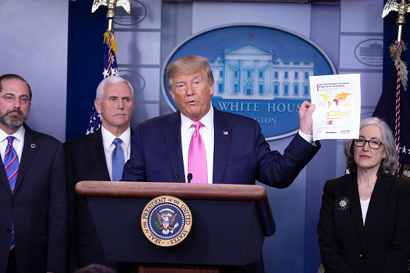 -Le président américain Donald Trump parle au début d'une nouvelle conférence avec des membres du groupe de travail sur les coronavirus et nomme Mike Pence coordinateur de la lutte contre le coronavirus. Le 26 février 2020 à Washington, DC. Photo de Tasos Katopodis / Getty Images.