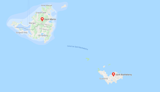 Les iles St-Barthélémy et St-Martin en outremer. (Photo : capture d'écran/Google Maps)