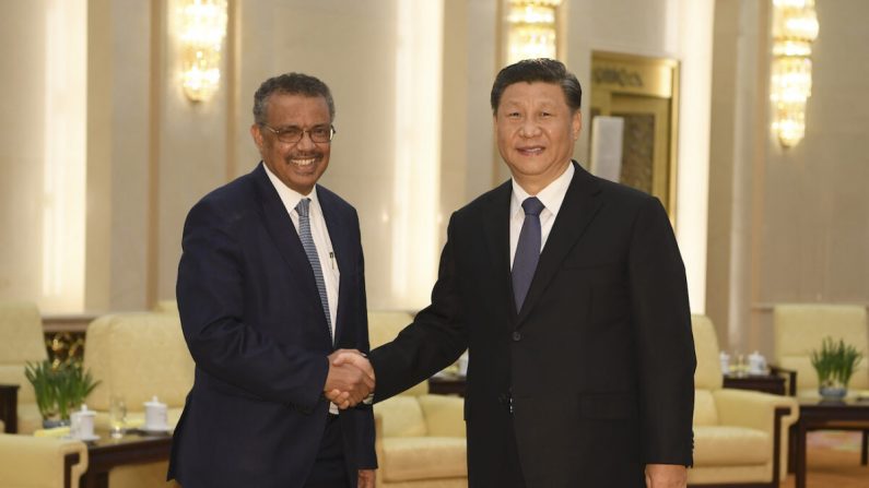 Le directeur général de l'Organisation mondiale de la santé, Tedros Adhanom (à gauche), serre la main du chef du régime chinois Xi Jinping avant une réunion au Grand Hall du peuple à Pékin le 28 janvier 2020. (Naohiko Hatta/AFP via Getty Images)