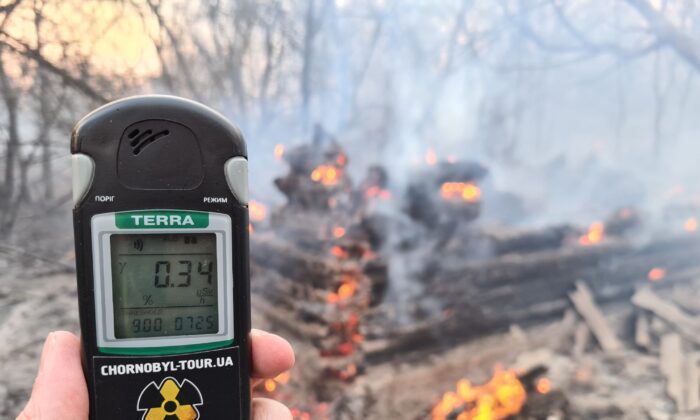 Une personne tient un compteur Geiger sur le lieu d'un incendie de forêt dans la zone d'exclusion de Tchernobyl, non loin de la centrale nucléaire, le 5 avril 2020. (Yaroslav Emalianenko/AFP/Getty Images)
