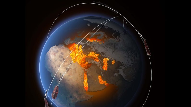 La constellation Swarm de l'ESA révèle de nouveaux changements rapides de notre champ magnétique, directement lié au cœur du noyau de fer fondu de notre planète. (ESA/ATG Medialab)