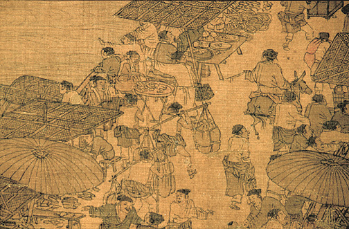 Les vendeurs et les piétons sont vus dans ce gros plan d'une section du paysage urbain chinois "Le long du fleuve pendant le festival de Qingming", de Zhang Zeduan (1085-1145), encre et couleurs sur soie. Collection du Musée du Palais national, Pékin. (Domaine public) Piétons et étals sur le pont arc-en-ciel