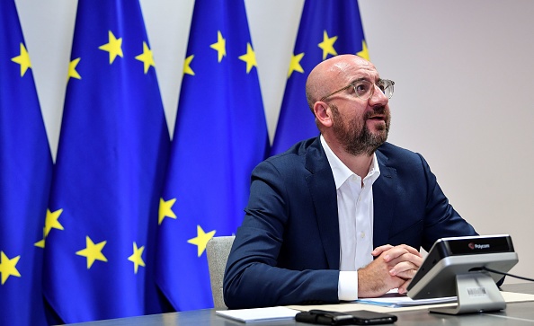 Le président du Conseil Charles Michel assiste à une réunion de vidéoconférence au siège de l'UE à Bruxelles, le 23 juin 2020. (Photo : JOHN THYS/POOL/AFP via Getty Images)