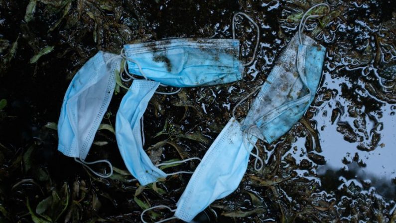 Des masques de protection bleus jetés par terre. (Sean Gallup/Getty Images) 