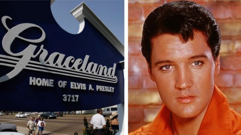 (À gauche) Des fans passent devant l'entrée de Graceland, la maison d'Elvis Presley, à Memphis, Tennessee, le 14 août 2007. (Stan Honda/AFP via Getty Images) ; (à droite) Elvis Presley (Hulton Archive/Getty Images)