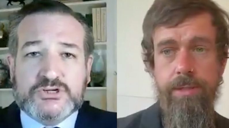 Le sénateur Ted Cruz (Parti républicain, Texas) et le PDG de Twitter, Jack Dorsey. (Comité judiciaire du Sénat)